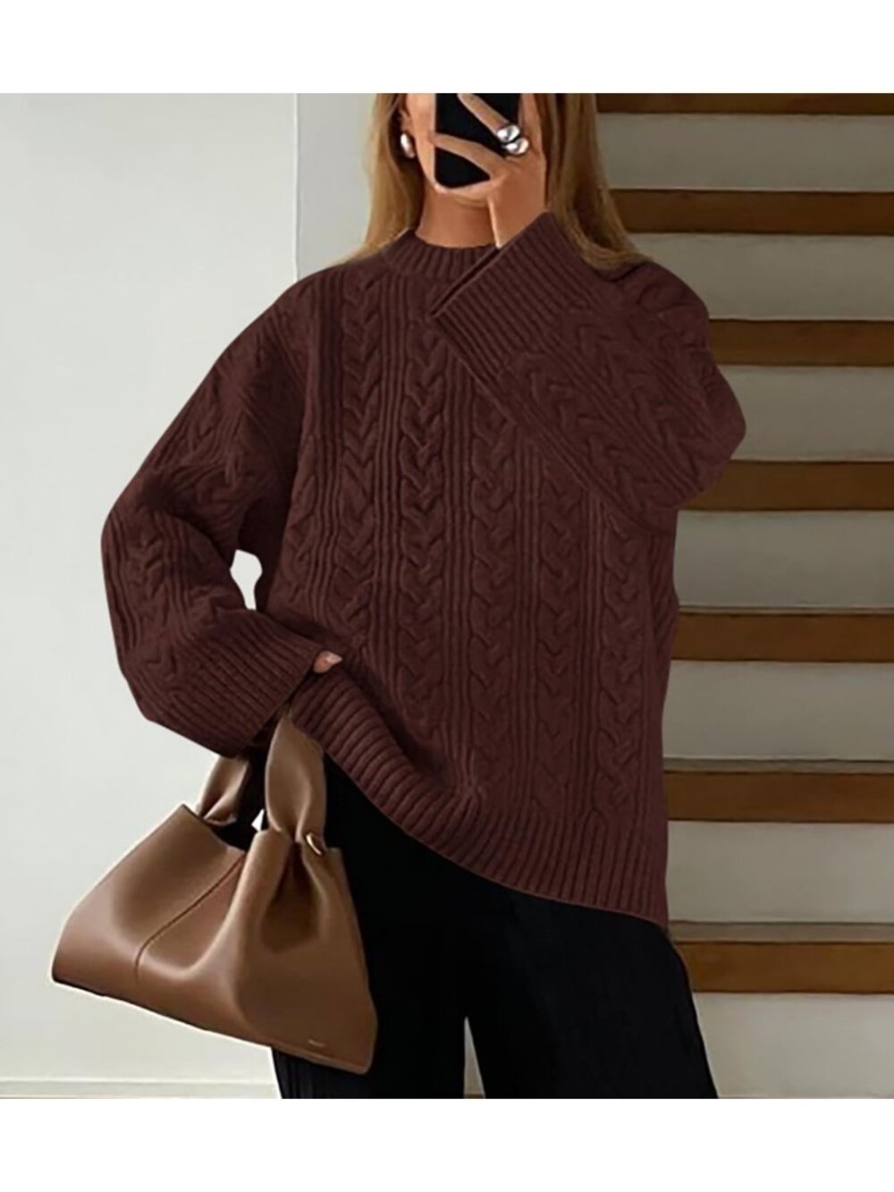 Women's Coffee Cozy Soft Chunky Textured Knit Crewneck Oversized Fashion Sweater - Picture 6 of 6